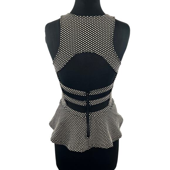 SANS SOUCI Knit Polka Dot Body Con Cut Out Back Peplum Zipper Top Size M Medium - Picture 1 of 9